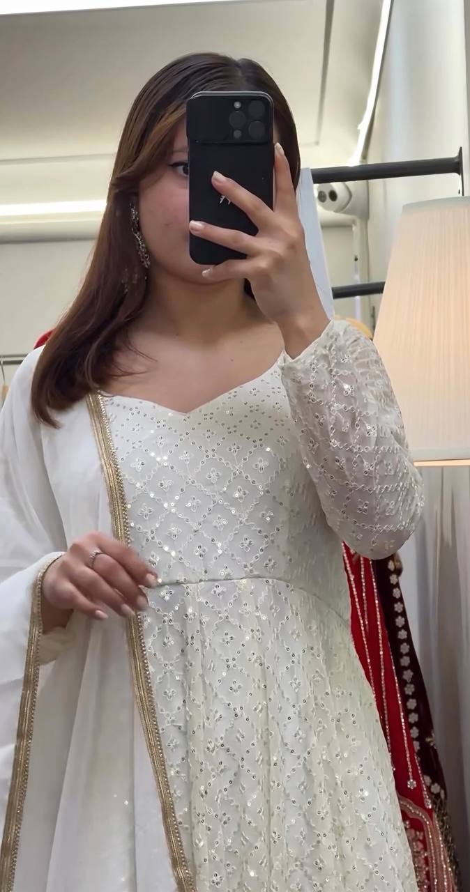 Ruhanika White Embroidered Anarkali Suit Set