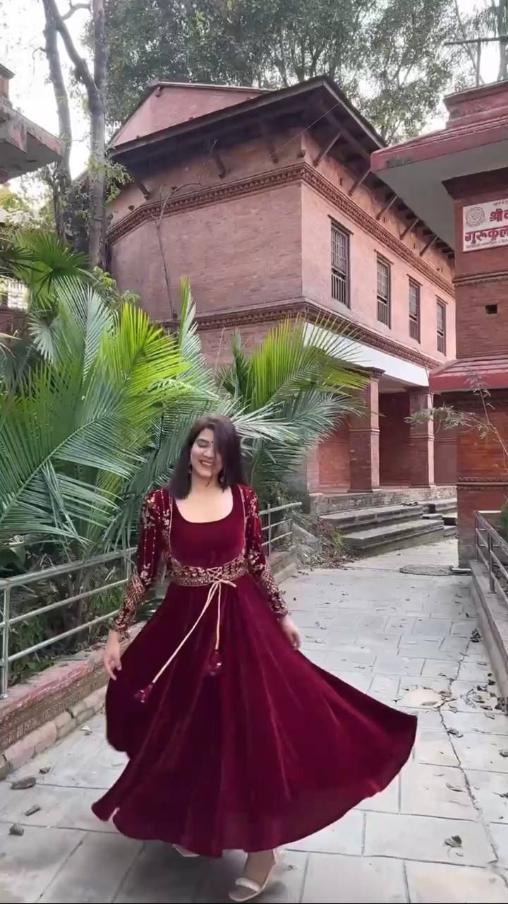 Sukena Maroon Velvet Anarkali Suit Set