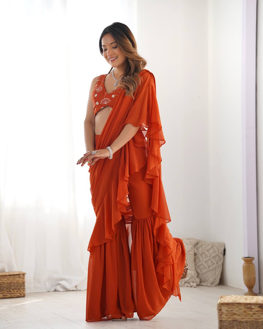 Stunning Orange Sequins Embroidery Georgette Ready To Wear Sharara Saree