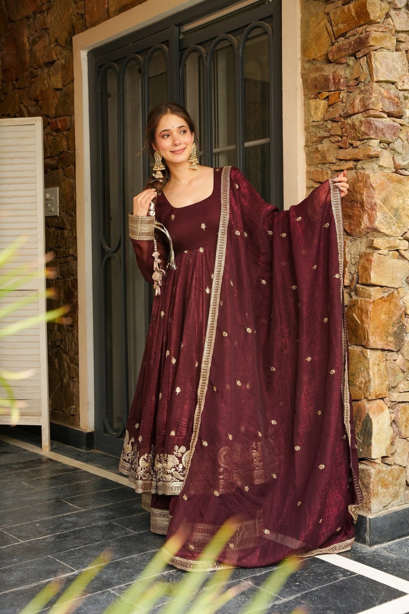 RASMIKA MARRON COLOUR EMBROIDERED SUIT SET