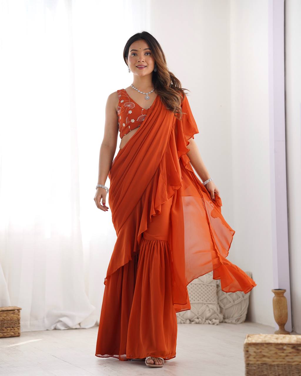 Stunning Orange Sequins Embroidery Georgette Ready To Wear Sharara Saree