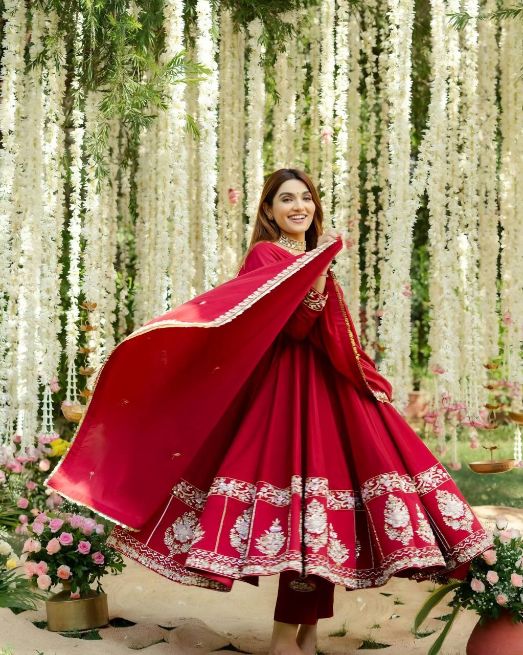 DEVANGANA RED HEAVY ANARKALI SUIT SET