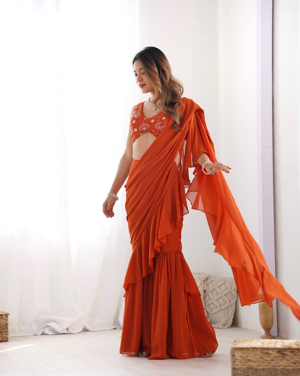 Stunning Orange Sequins Embroidery Georgette Ready To Wear Sharara Saree