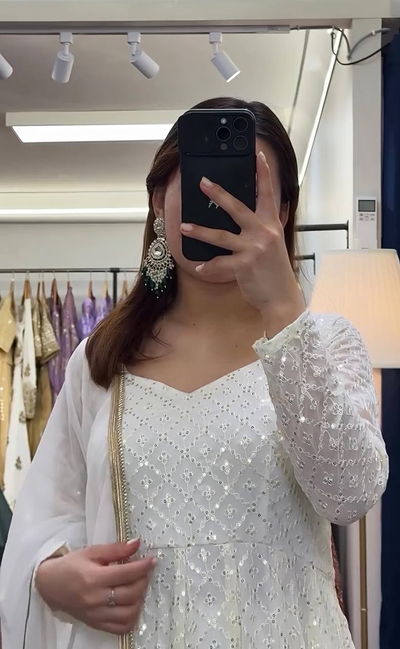 Ruhanika White Embroidered Anarkali Suit Set