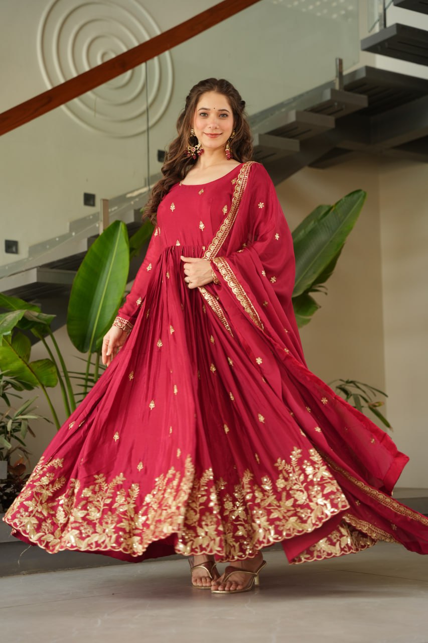 Vamika red colour Embroidery Zari Sequins-work suit set