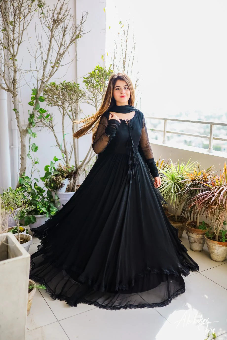 SOLID BLACK LONG FLAIR ANARKALI SET WITH DUPATTA
