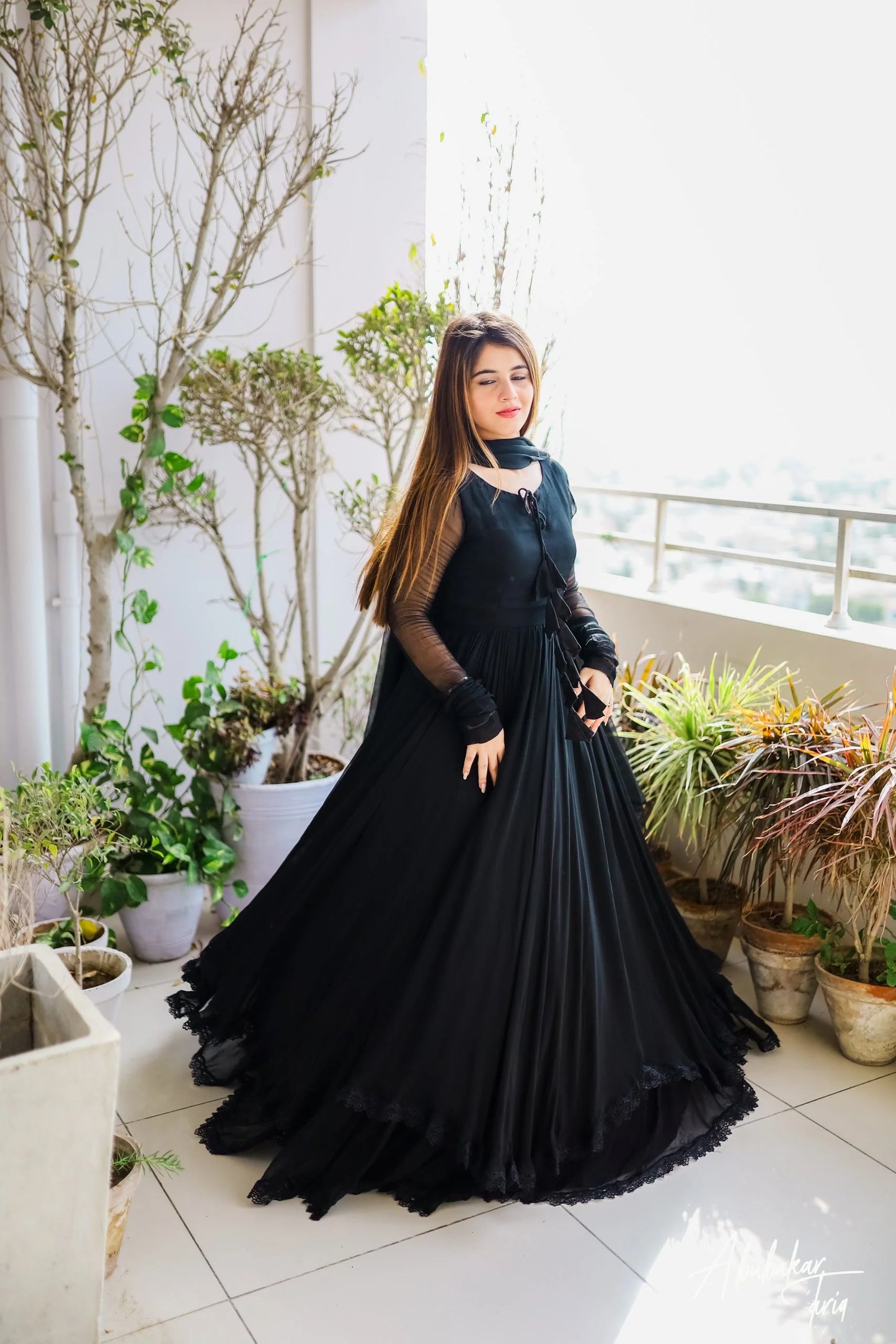 SOLID BLACK LONG FLAIR ANARKALI SET WITH DUPATTA