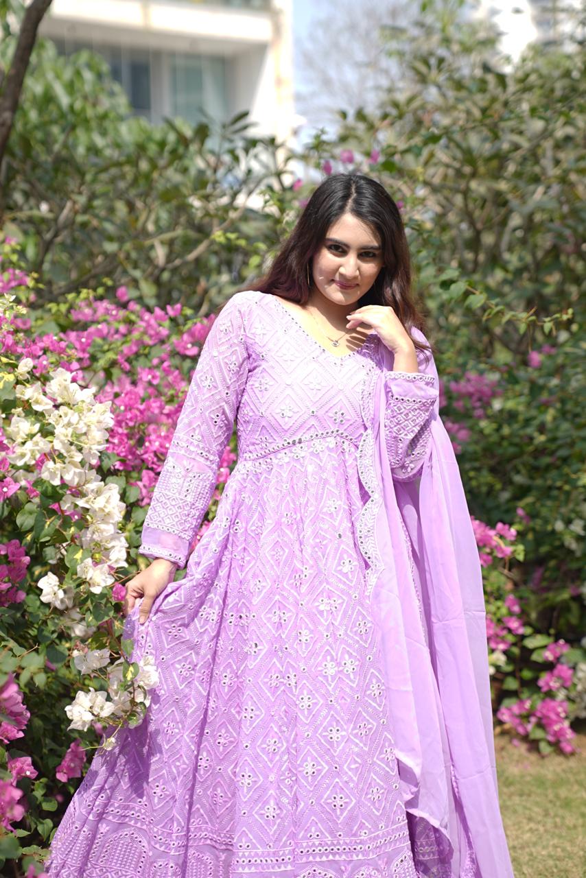 VEDIKABHANDARI'S PURPLE EMBROIDERED GEORGETTE ANARKALI FULLY STITCHED SUIT SET