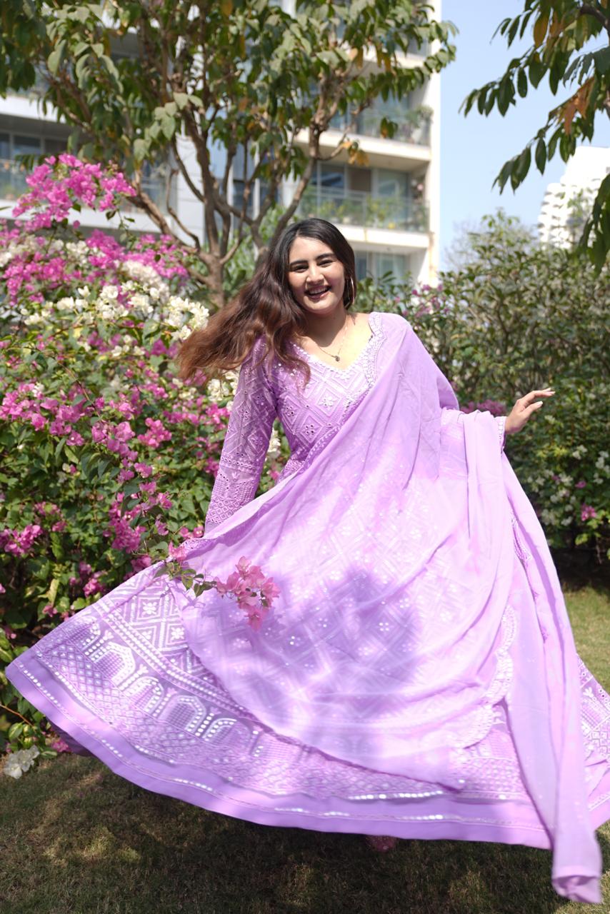 VEDIKABHANDARI'S PURPLE EMBROIDERED GEORGETTE ANARKALI FULLY STITCHED SUIT SET