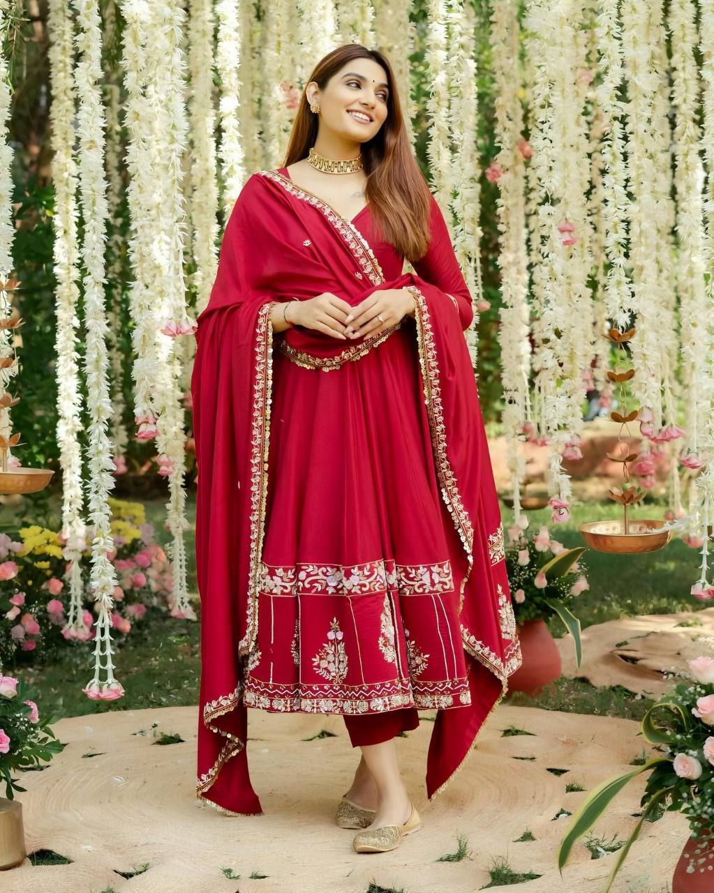 DEVANGANA RED HEAVY ANARKALI SUIT SET