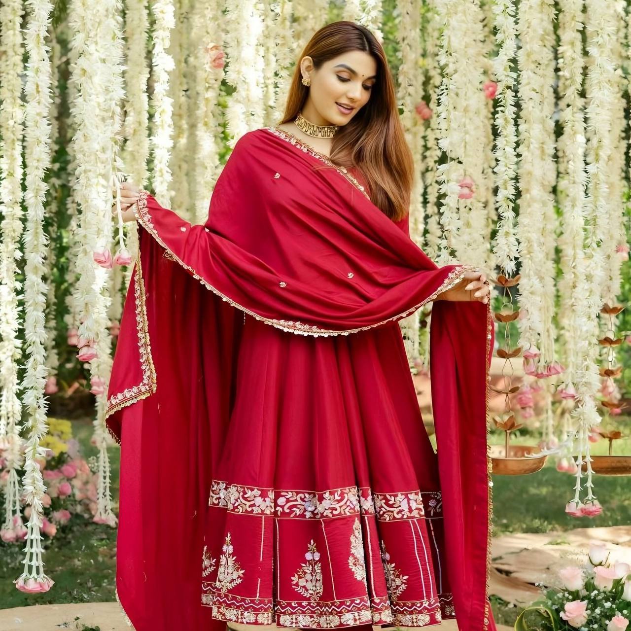 DEVANGANA RED HEAVY ANARKALI SUIT SET