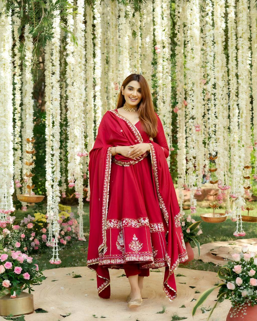 DEVANGANA RED HEAVY ANARKALI SUIT SET