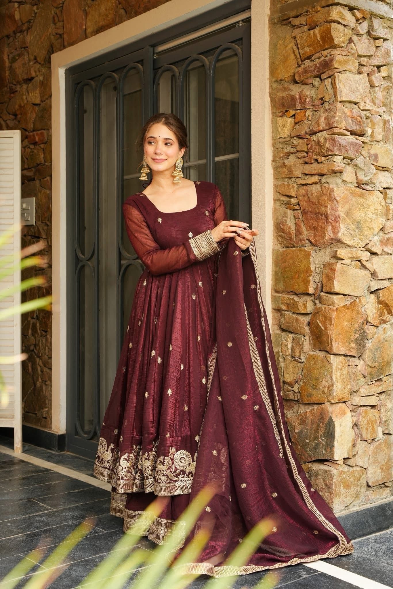 RASMIKA MARRON COLOUR EMBROIDERED SUIT SET