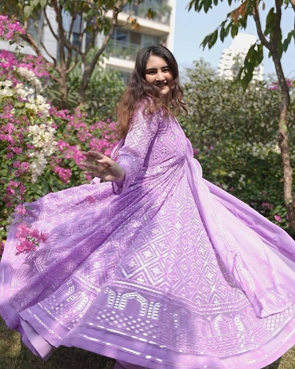 VEDIKABHANDARI'S PURPLE EMBROIDERED GEORGETTE ANARKALI FULLY STITCHED SUIT SET