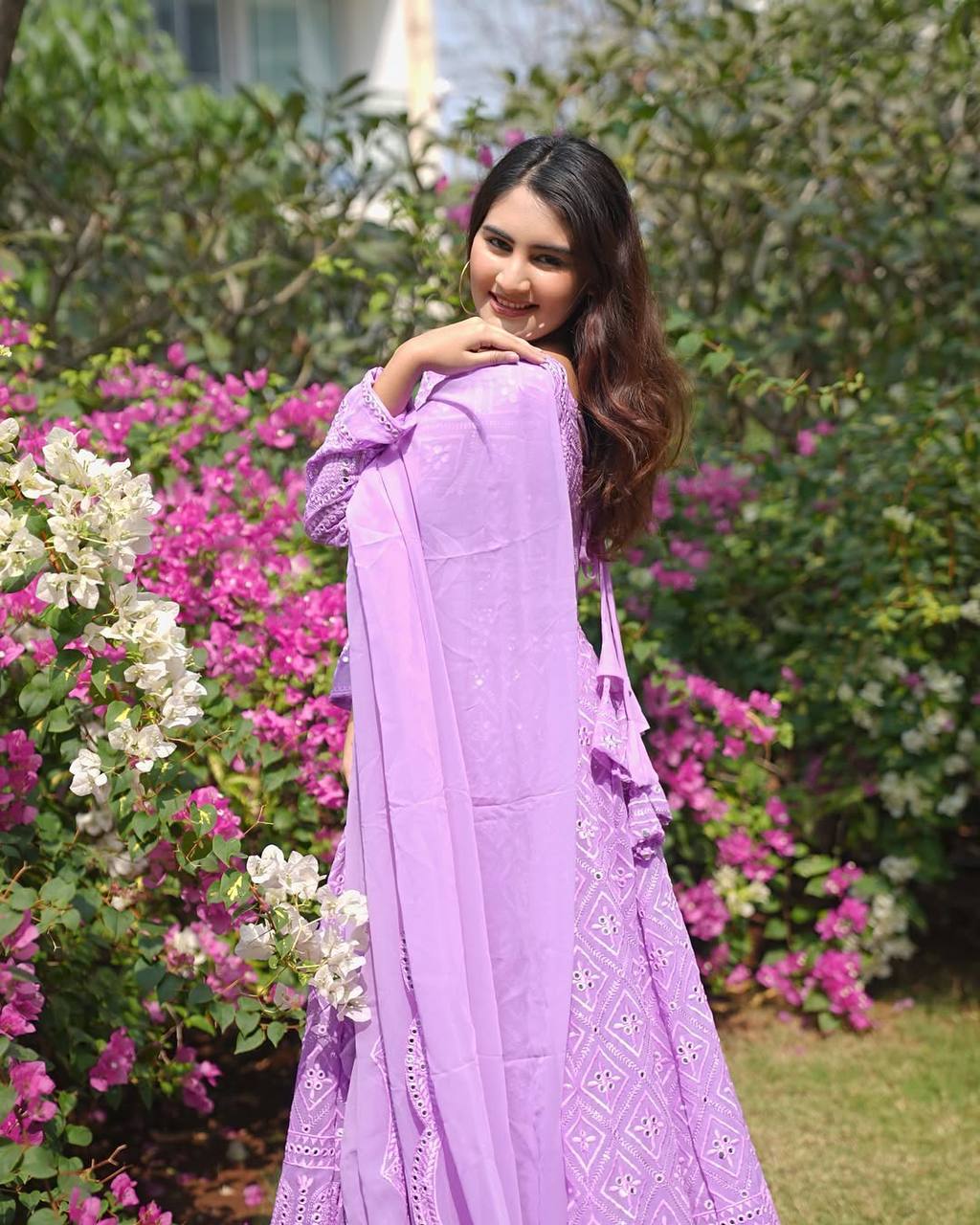 VEDIKABHANDARI'S PURPLE EMBROIDERED GEORGETTE ANARKALI FULLY STITCHED SUIT SET