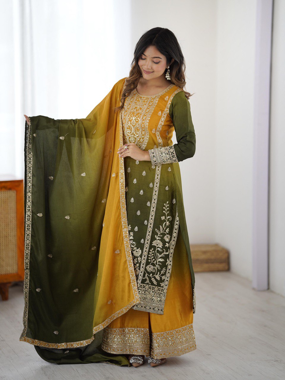 YAMIKA YELLOW AND GREEN SLWAR SUIT SET