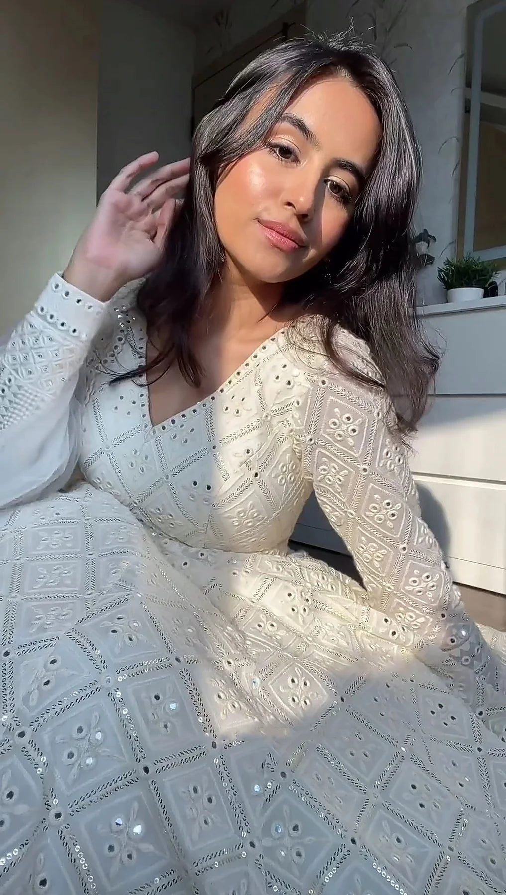 ANISKA WHITE EMBROIDERED GEORGETTE ANARKALI FULLY STITCHED SUIT SET
