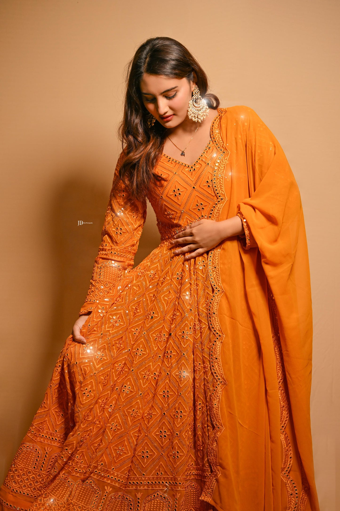 VEDIKABHANDARI'S MUSTARD EMBROIDERED GEORGETTE ANARKALI SUIT SET