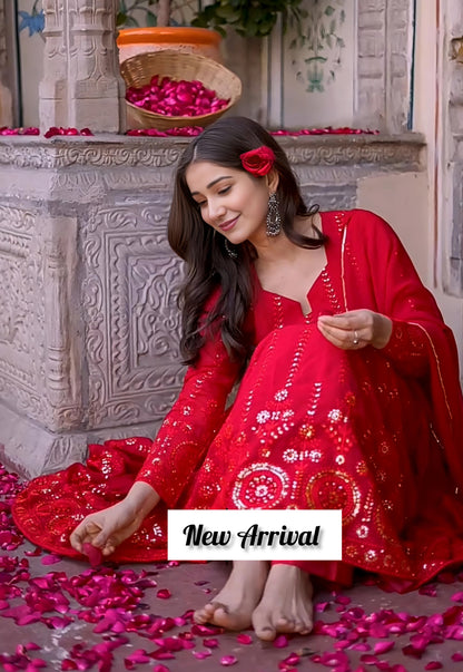 SHASHI'S RED EMBROIDERED GEORGETTE SUIT SET