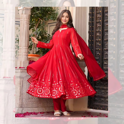 SHASHI'S RED EMBROIDERED GEORGETTE SUIT SET