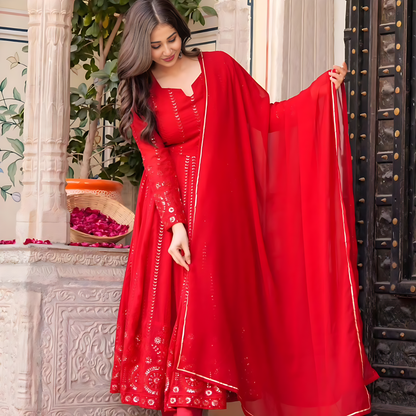 SHASHI'S RED EMBROIDERED GEORGETTE SUIT SET