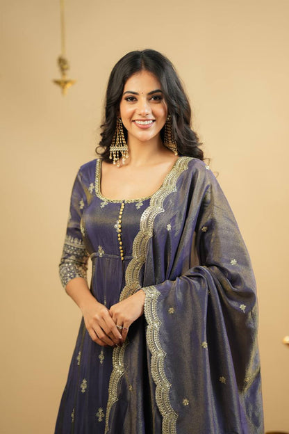 KRUSHNAVI GREY COSMO SLIT ANARKALI SUIT SET