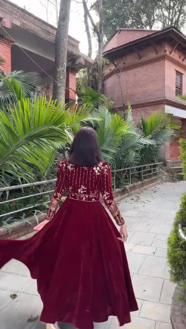 Sukena  Maroon  Velvet Anarkali Suit Set