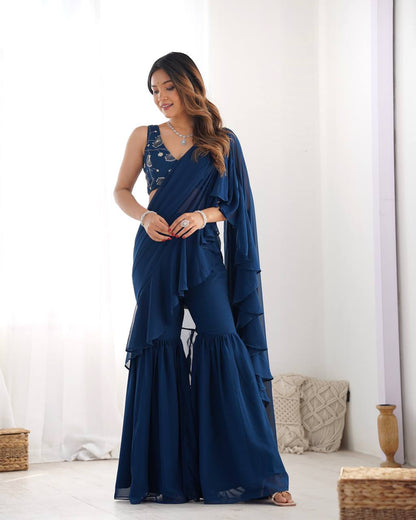 Glamorous Teal Blue Sequins Ready To Wear Georgette Sharara Saree