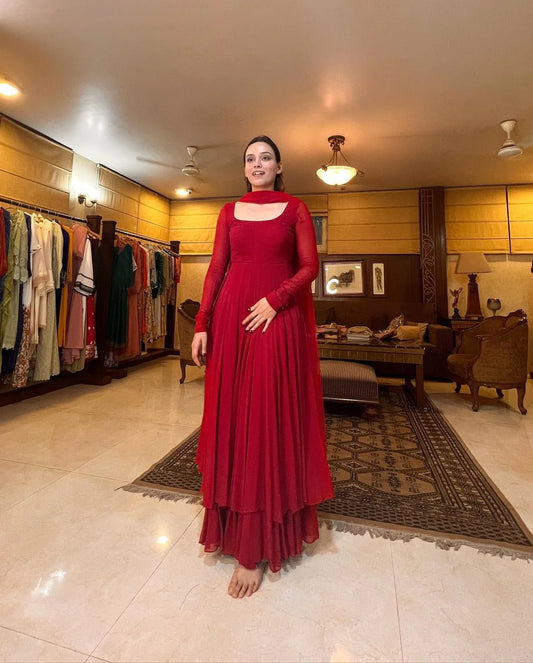 MAROON ANARKALI 2 LAYER GOWN WITH DUPPTA SET