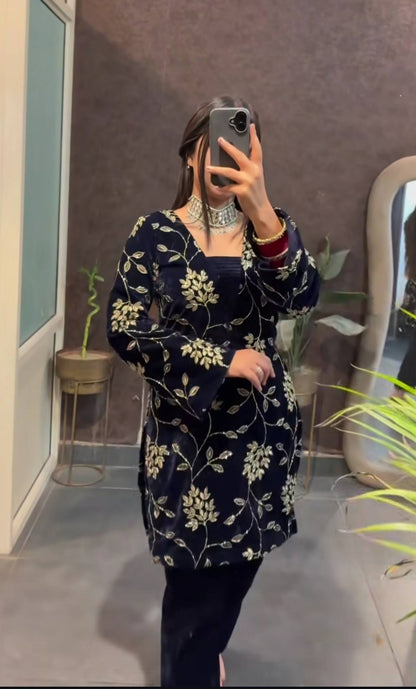 Mehrin Blue Heavy Viscose Velvet Suit Set