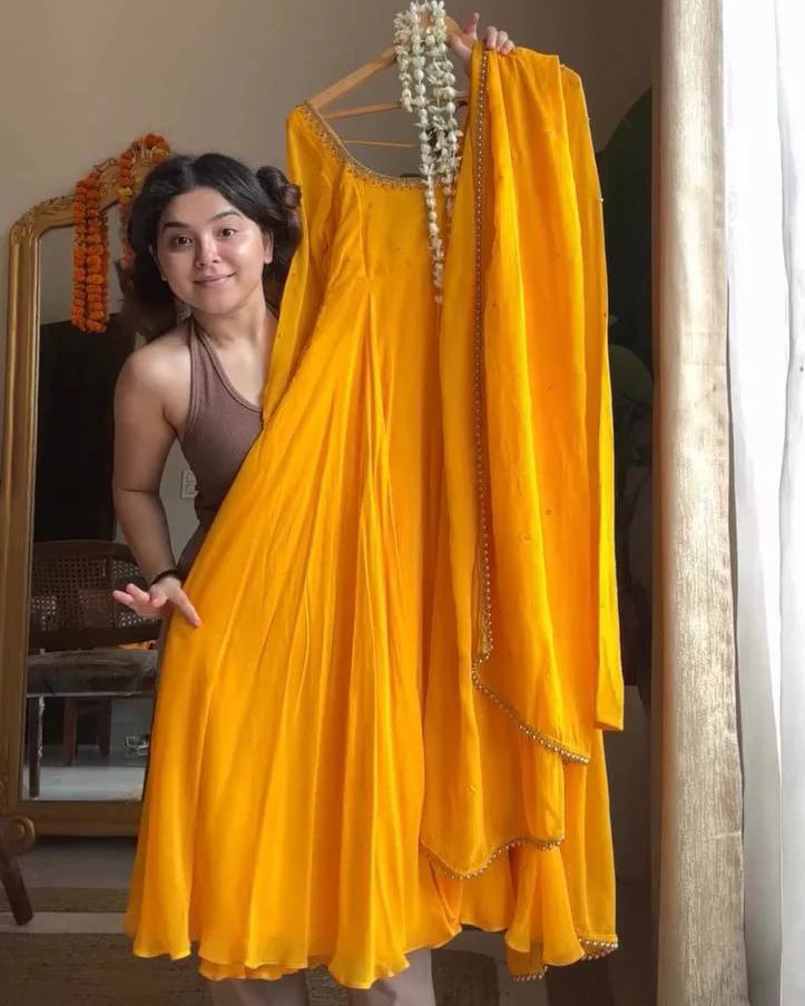 Amber Glow Yellow Georgette Anarkali Suit Set