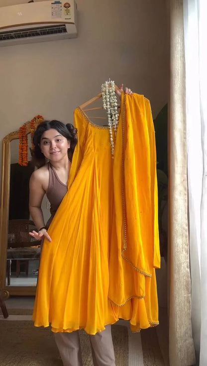 Amber Glow Yellow Georgette Anarkali Suit Set