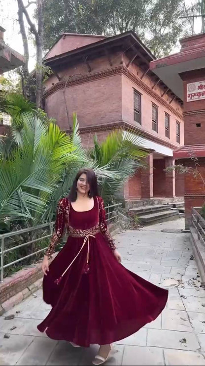 Sukena  Maroon  Velvet Anarkali Suit Set