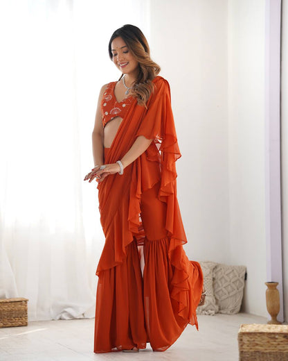 Stunning Orange Sequins Embroidery Georgette Ready To Wear Sharara Saree