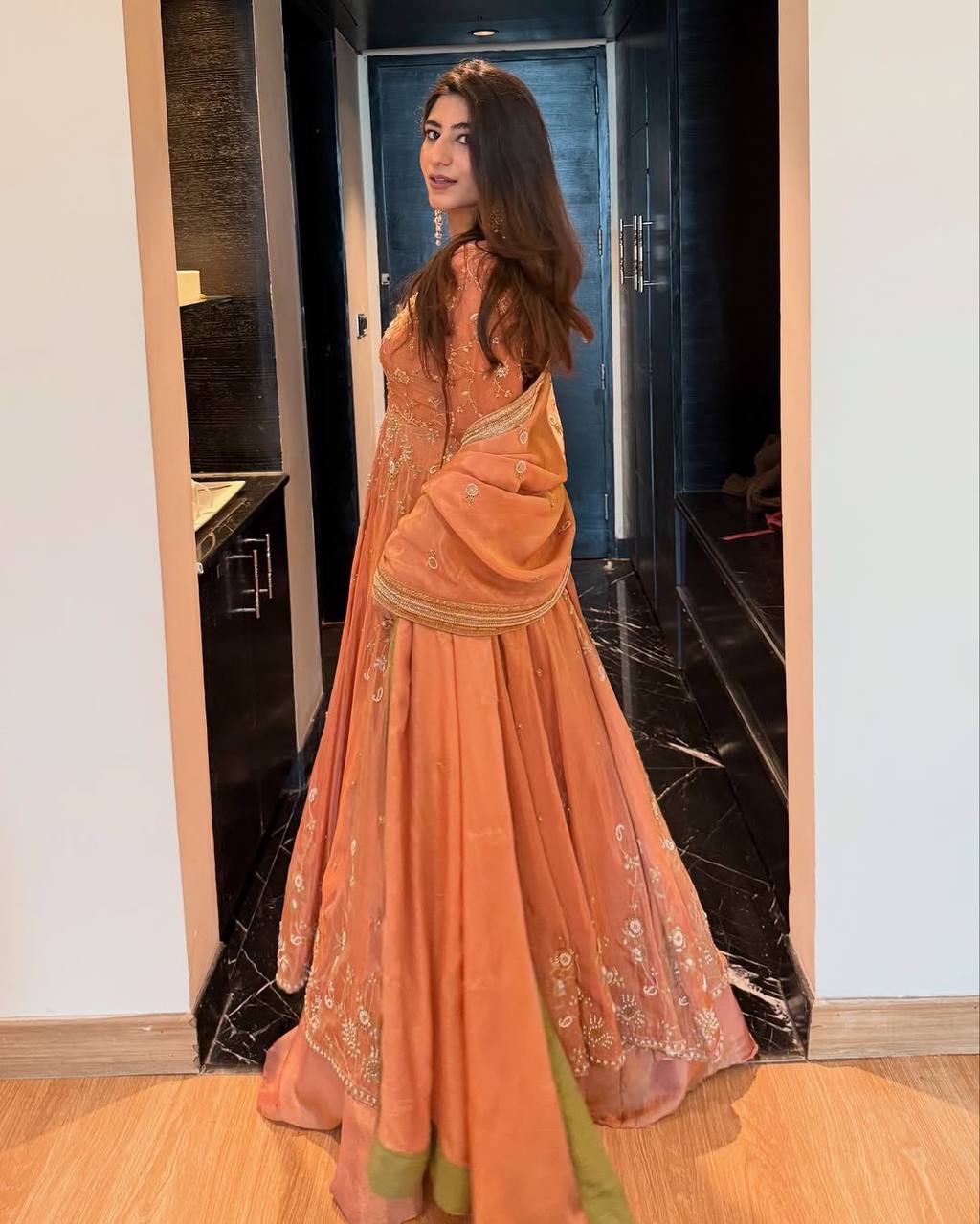 TASHVI PEACH EMBROIDERE ANARKALI SUIT SET