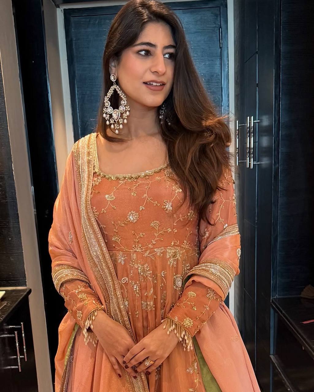 TASHVI PEACH EMBROIDERE ANARKALI SUIT SET