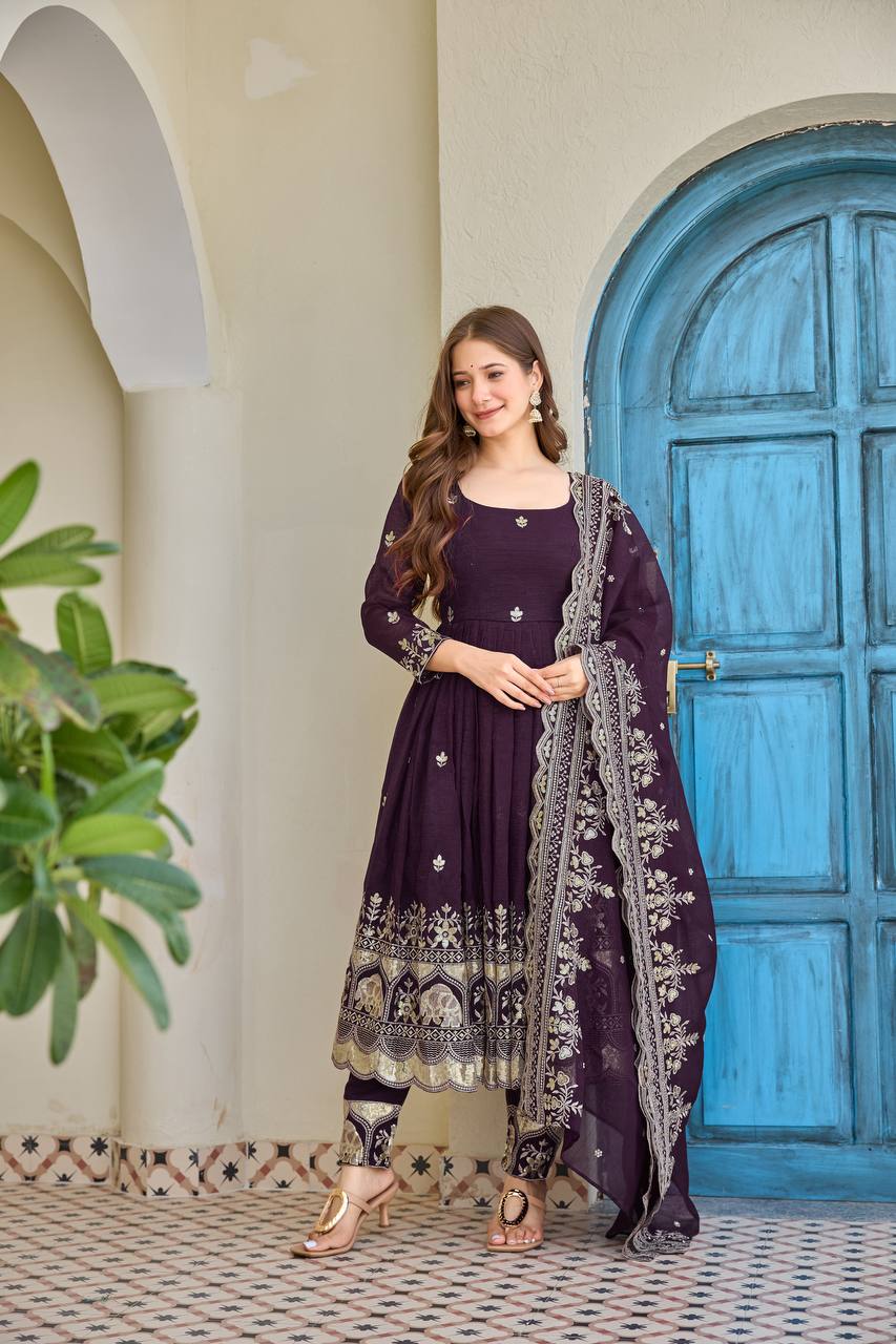 Zoya Wine Embroidered Anarkali Suit Set
