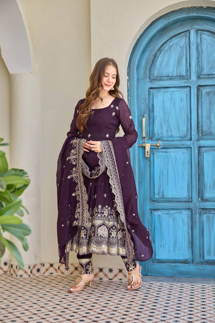 Zoya Wine Embroidered Anarkali Suit Set