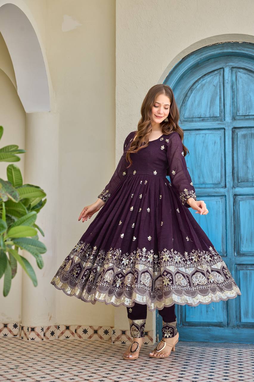 Zoya Wine Embroidered Anarkali Suit Set
