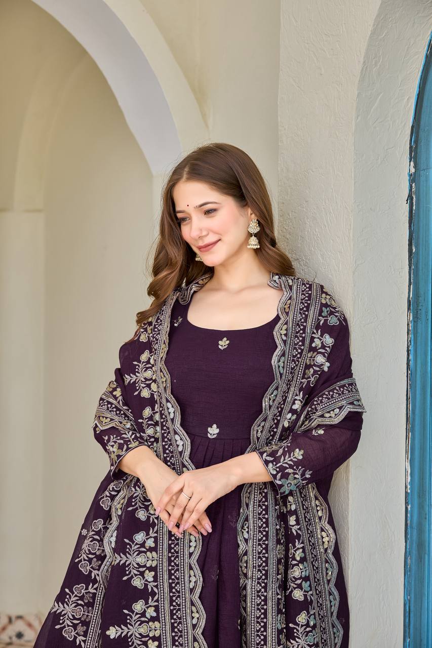 Zoya Wine Embroidered Anarkali Suit Set