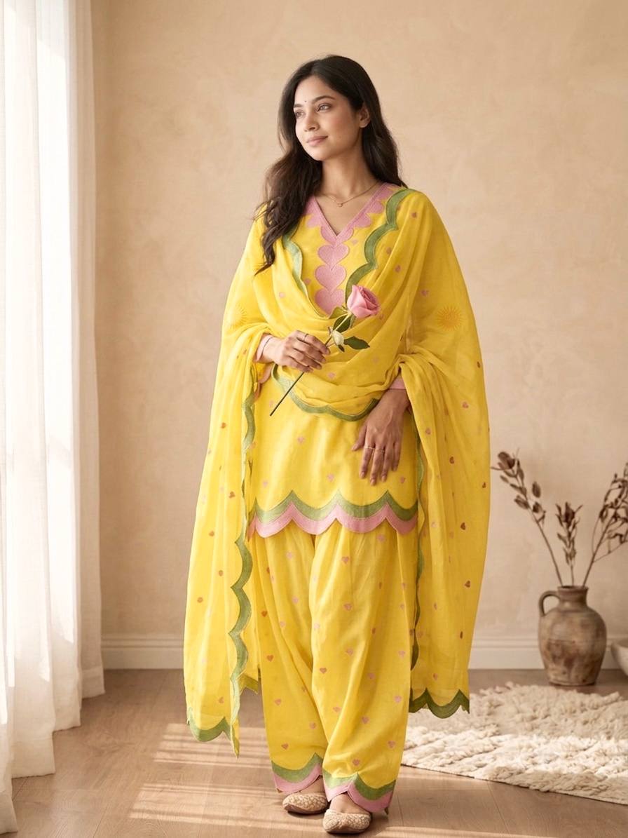 Ivory Pink Heart Printed Suit with Dupatta Set