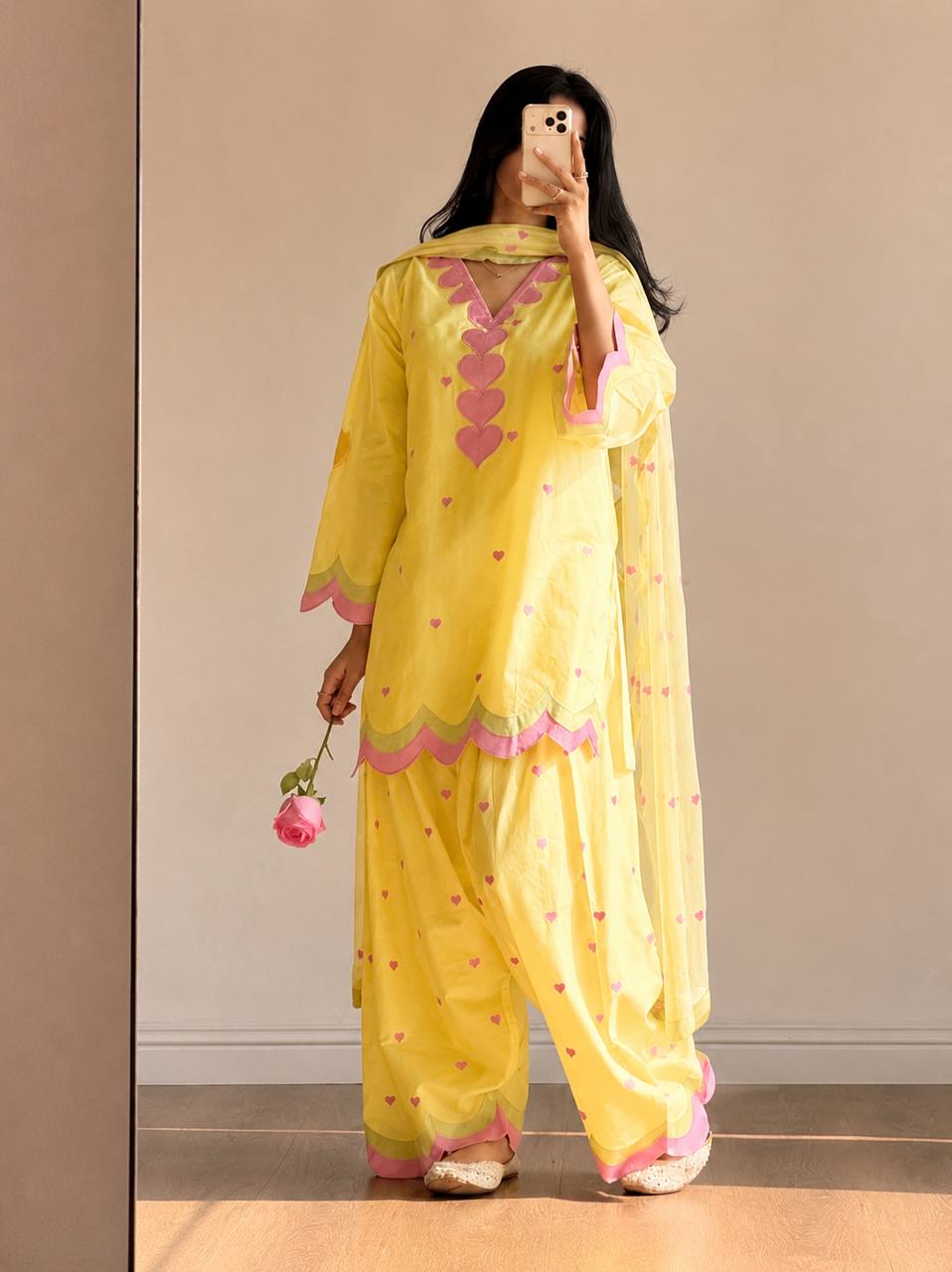 Ivory Pink Heart Printed Suit with Dupatta Set