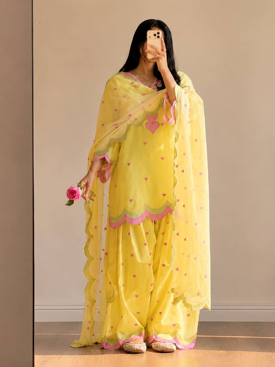 Ivory Pink Heart Printed Suit with Dupatta Set