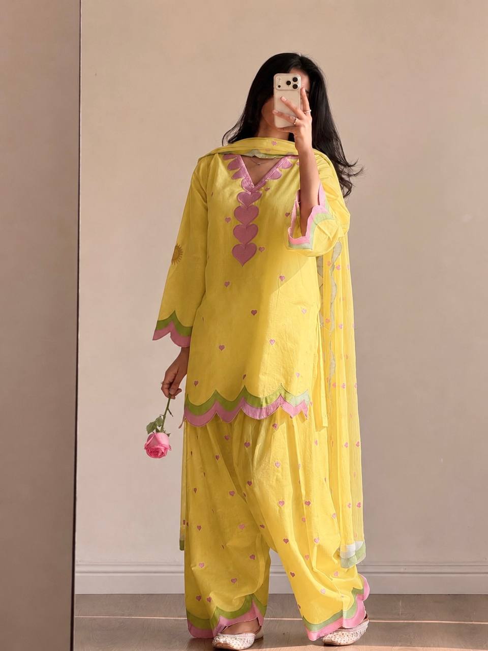 Ivory Pink Heart Printed Suit with Dupatta Set