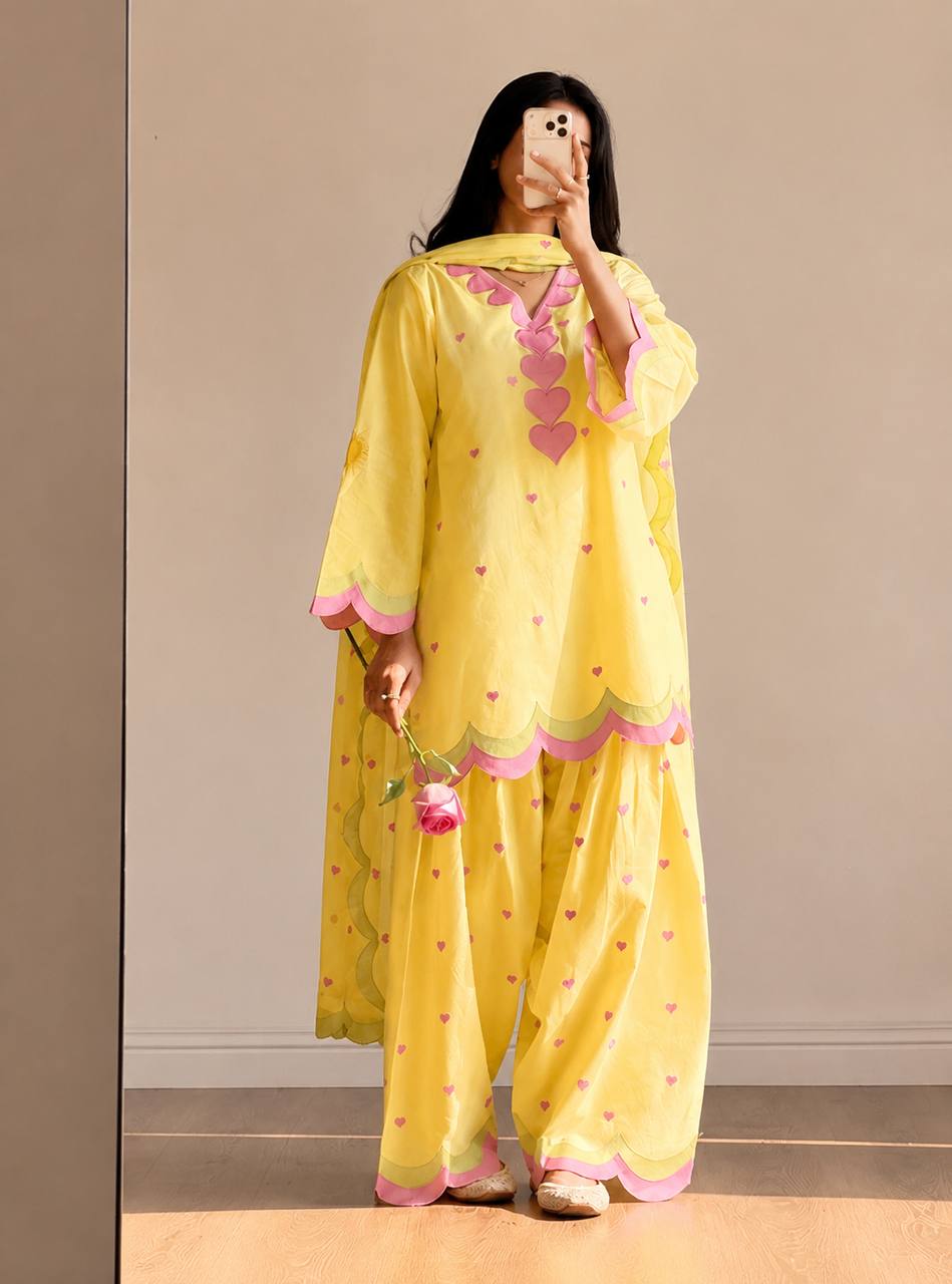 Ivory Pink Heart Printed Suit with Dupatta Set