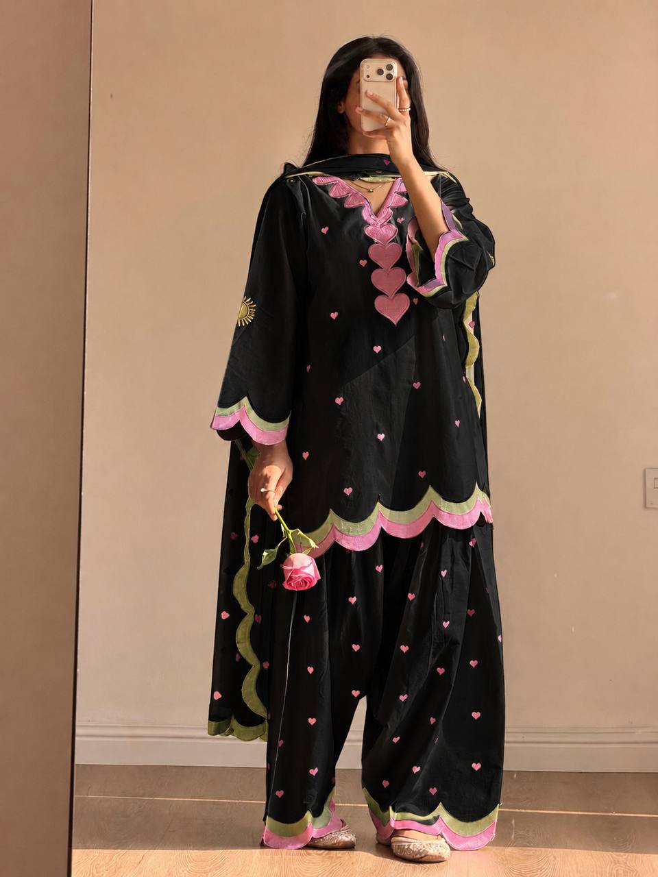 Ivory Pink Heart Printed Suit with Dupatta Set