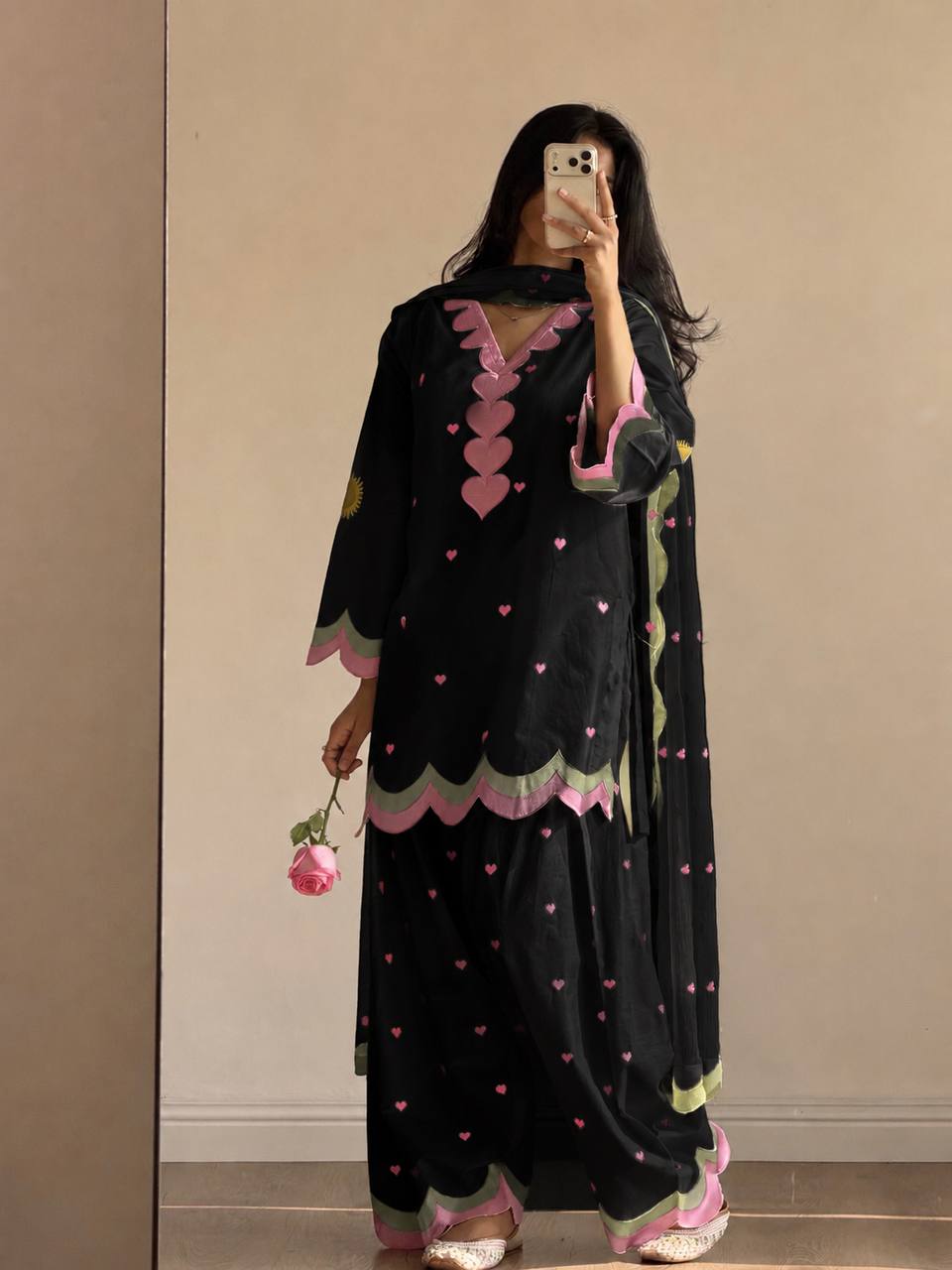 Ivory Pink Heart Printed Suit with Dupatta Set
