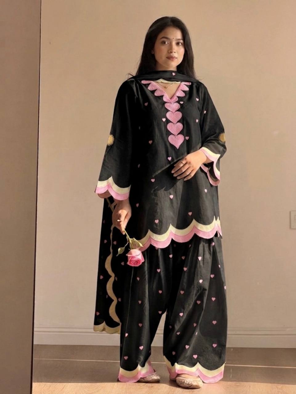 Ivory Pink Heart Printed Suit with Dupatta Set