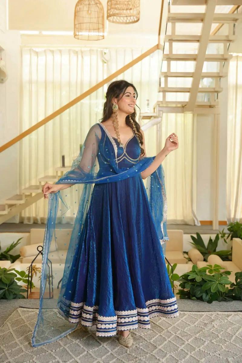 Blue Lace Border Anarkali with Sequin Dupatta