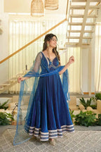 Blue Lace Border Anarkali with Sequin Dupatta